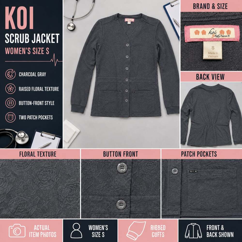 Koi Women's Claire Button Front Knit Scrub Jacket Charcoal Small